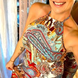 Bright, Patterned Halter Maxi Dress